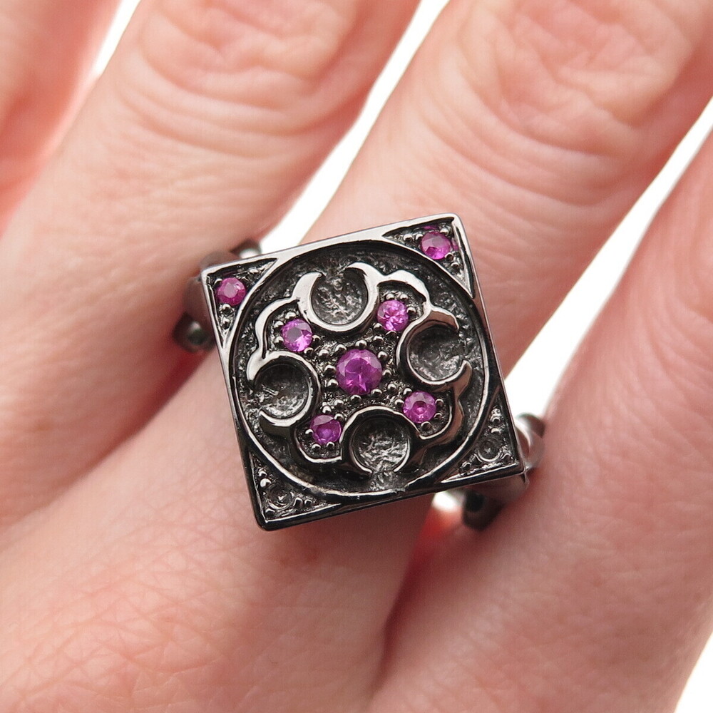 Jolusa 925 Sterling Silver Black Rhodium Real Ruby Floral Cross Ring Size 10.25